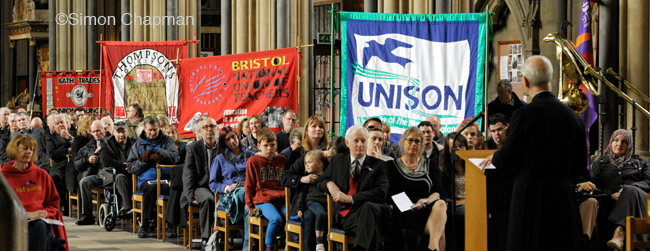 Canon Tim Higgins addresses the gathering at Workers Memorial Day, at Bristol Cathedral. (Photo Â© Simon Chapman)
