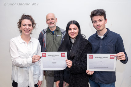 Winners of the 2019 Bristol NUJ prize for journalism students at UWE. Left-right: Lily Barrett, Paul Breeden chair of Bristol NUJ, Chloe Mobbs, Alex Crowther; (Photo Â© Simon Chapman 2019)