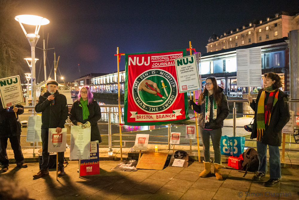 Members of the National Union of Journalists' SW England branch hold a candlelit vigil on Bristol to mark the deaths of journalists in the Gaza conflict Picture ©Simon Chapman