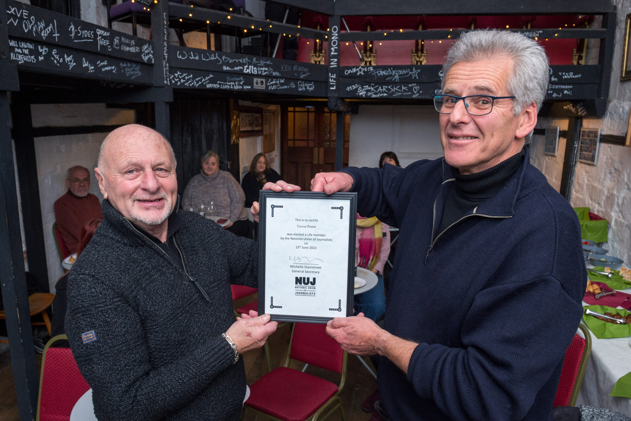 Trevor Porter receives his Life Membership of the NUJ from SWE Branch chair James Garrett, with branch members joining in a social event at Trowbridge to celebrate the occasion. Picture © Simon Chapman