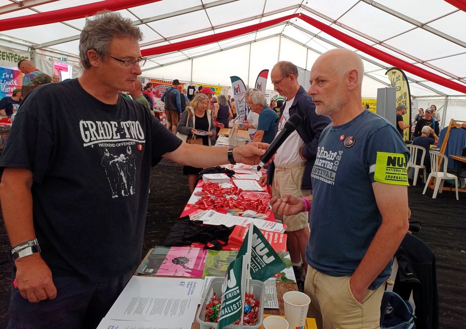 Festival comms manager and NUJ member Tim Lezard interviews SWE branch chair Paul Breeden about the NUJ's presence at Tolpuddle. Picture: Kate Pearce