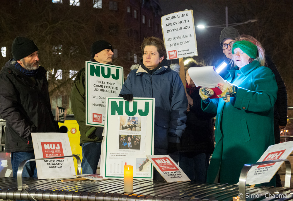 
Mary Page, an executive member of the SWE branch of the NUJ, reads from the list of more than 150 journalist killed in the Israel-Gaza conflict since the October 7th attacks, the vast majority of them in Gaza. Photo: Simon Chapman